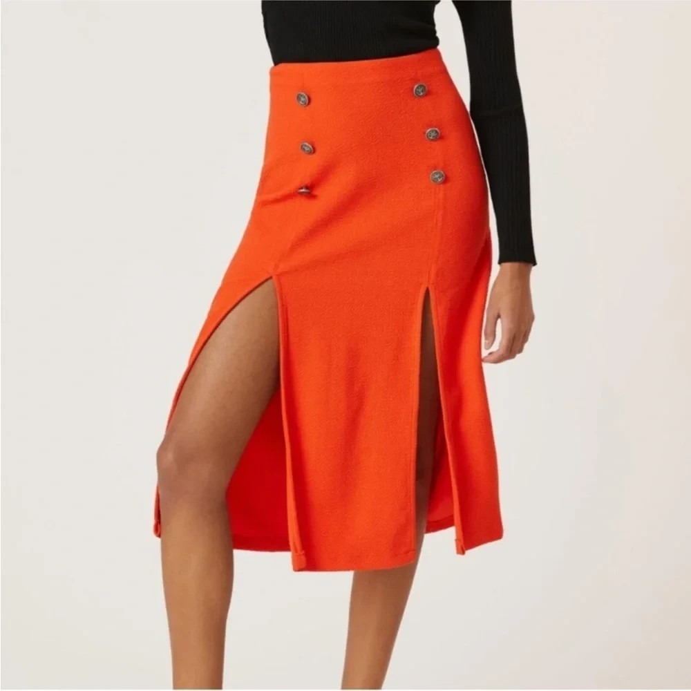 Maeve Anthropologie Skirt Sz 10 Orange Dual Split Anchor Buttons Texture Stretch